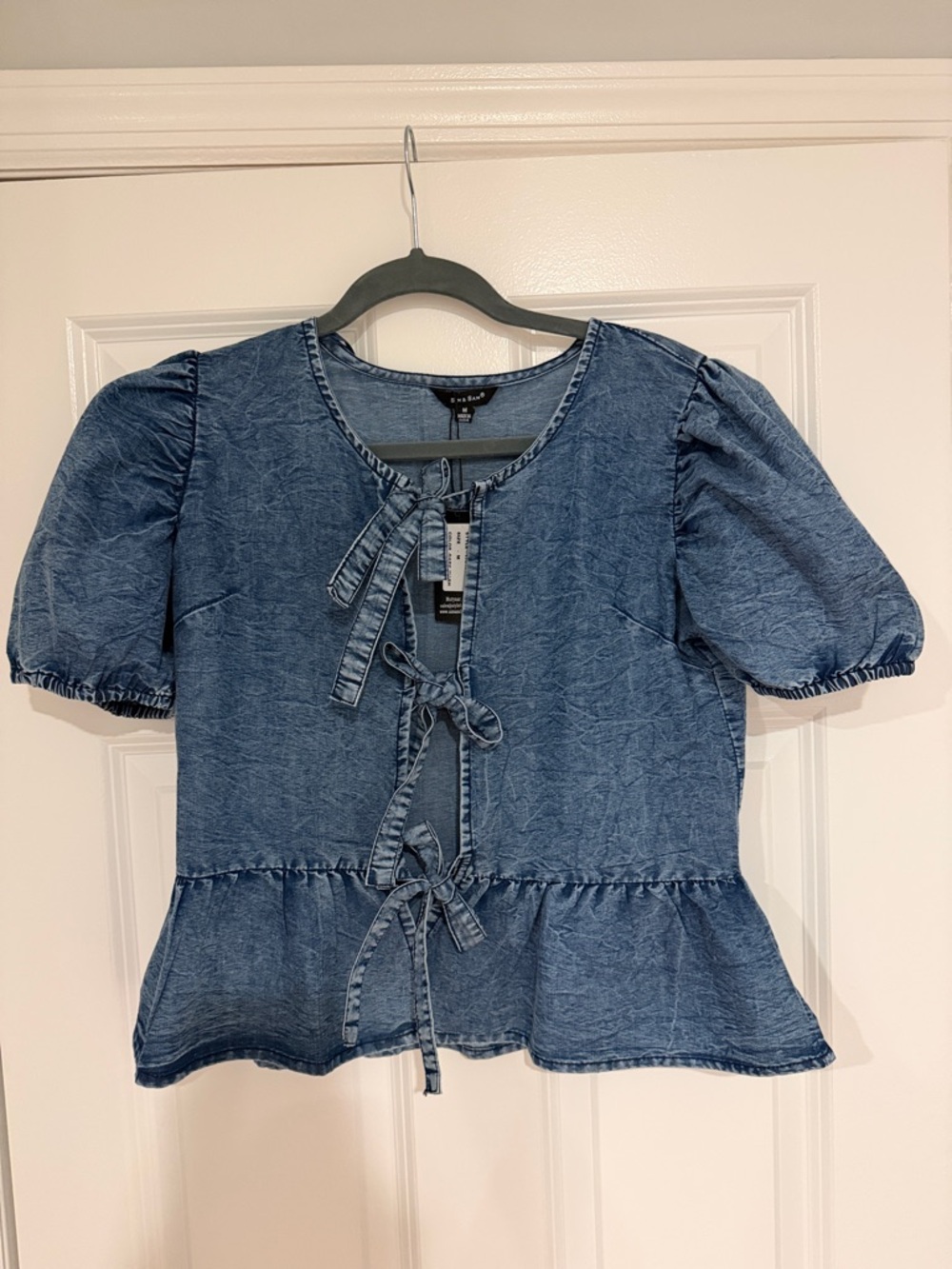 Blue Faux Denim Tie-Front Peplum Blouse